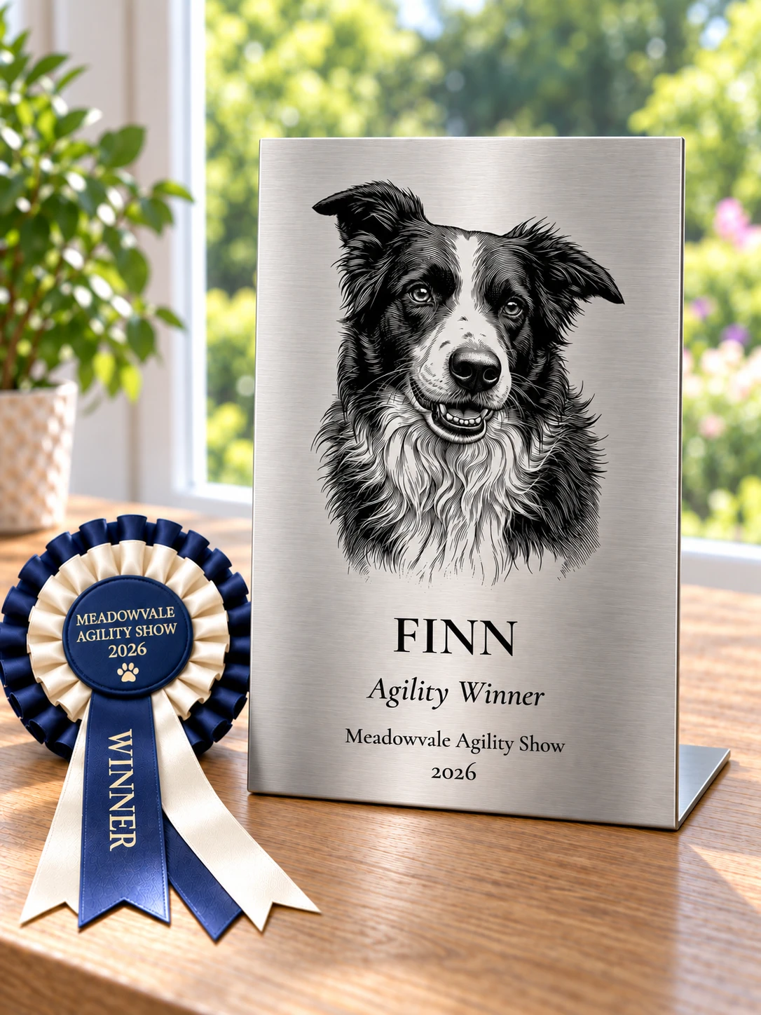 Illustrative freestanding stainless-steel plaque of Finn the collie, inscribed Agility Winner, Meadowvale Agility Show 2026, beside a navy rosette.