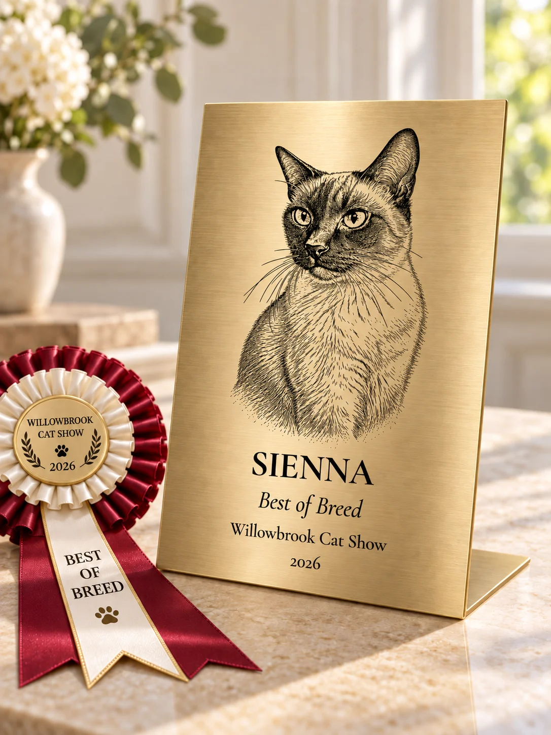 Illustrative freestanding brass plaque of Sienna the Siamese cat, inscribed Best of Breed, Willowbrook Cat Show 2026, beside a burgundy rosette.
