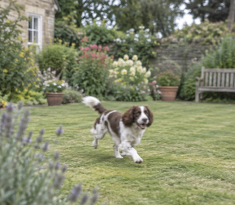 Illustrative example of a spaniel photographed from a distance while moving, with blurry facial detail.