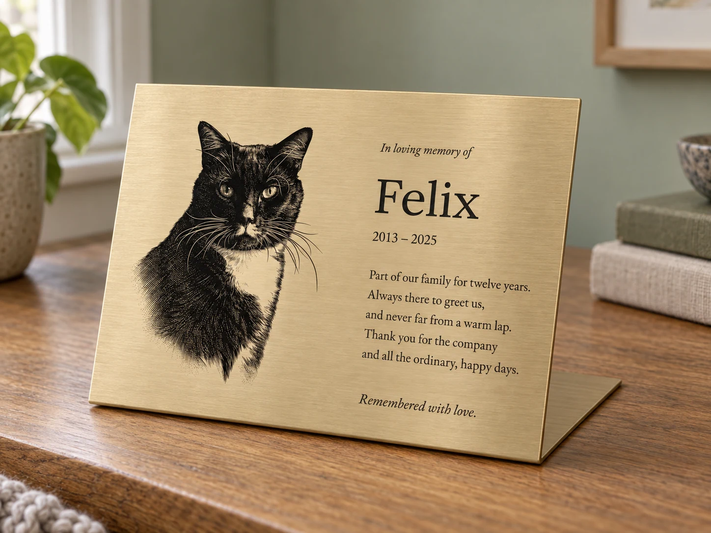 Tuxedo cat portrait beside a longer inscription for Felix on a landscape A5 brushed brass L-shaped plaque standing on a table