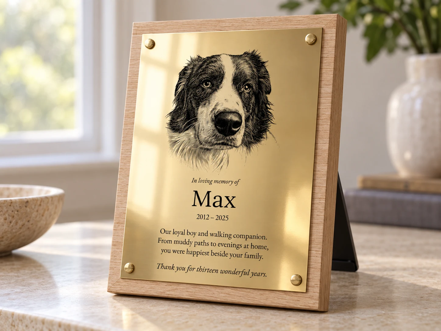 Border collie portrait and tribute for Max on polished brass with smooth brass caps, light oak backing and a rear easel stand on a side table