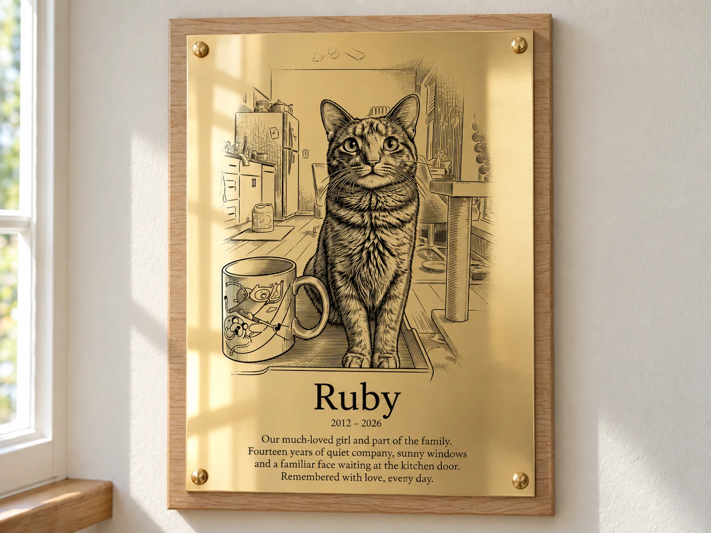 Illustrative cat portrait plaque for Ruby, with her kitchen scene engraved in polished brass on light oak, fixed to a plaster wall with brass cover caps