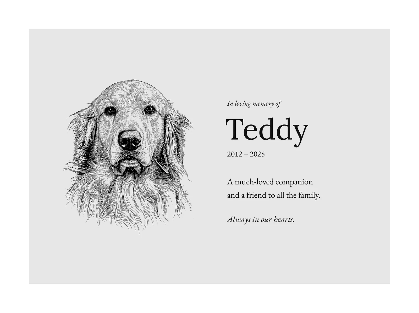 Complete SVG proof of Teddy’s engraved portrait beside the name, dates and family tribute