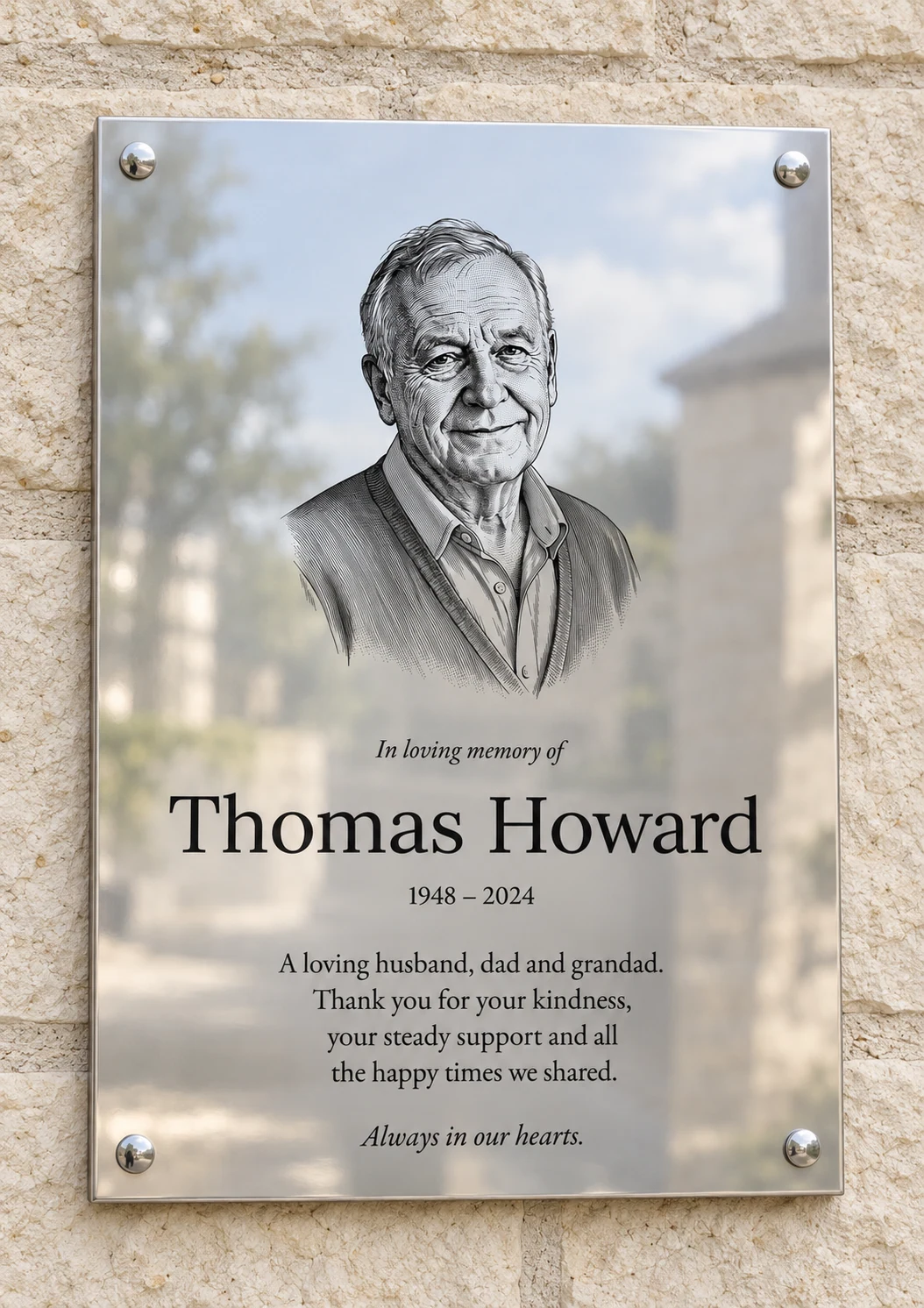 Fictional family memorial for Thomas Howard, 1948–2024, with a portrait and family inscription on polished stainless steel fixed to limestone