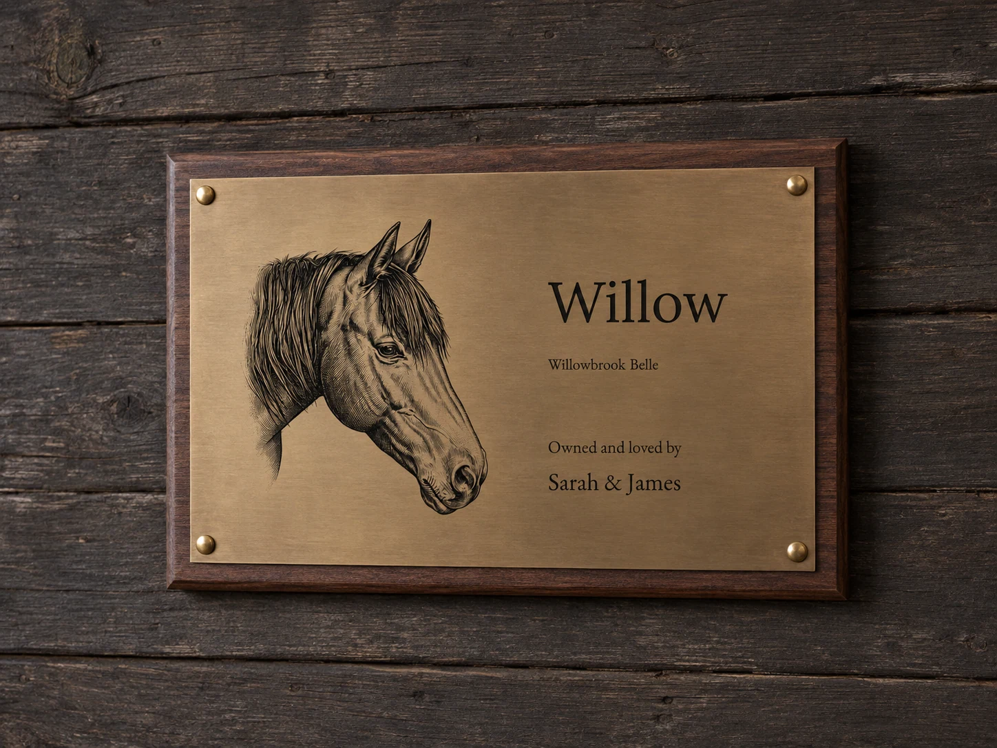 Willow stable nameplate with an engraved horse head, the name Willowbrook Belle and owner names Sarah and James, on aged brass and dark mahogany