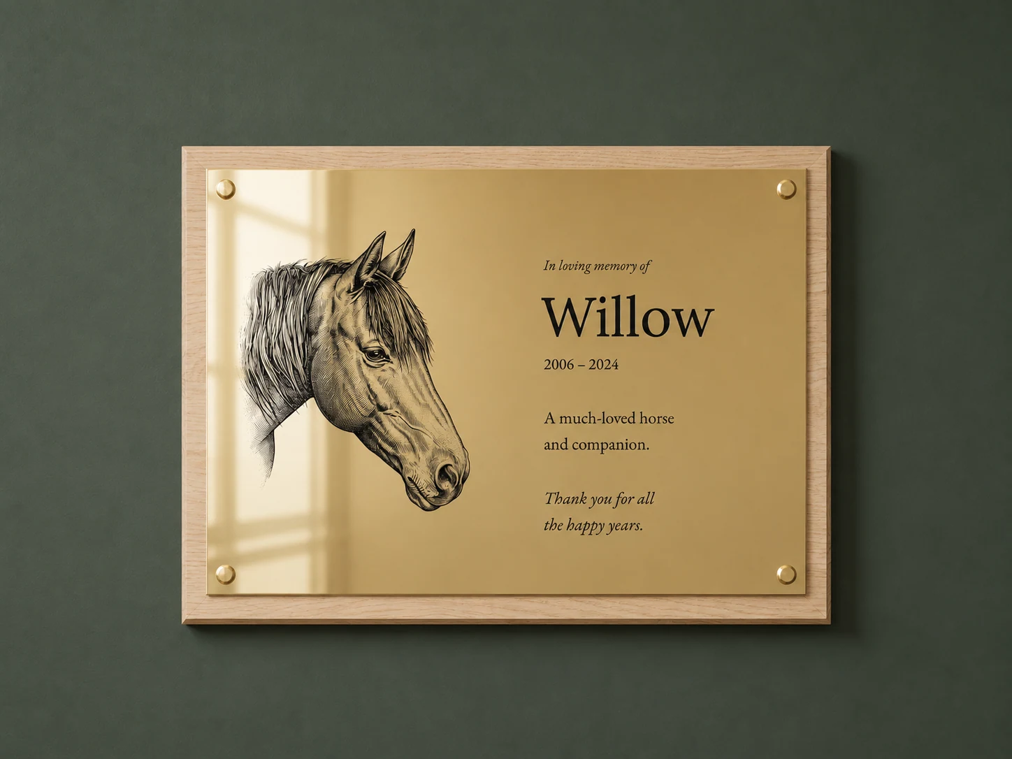 Horse memorial for Willow, 2006–2024, with a head portrait and tribute on polished brass and light oak, with brass screw caps